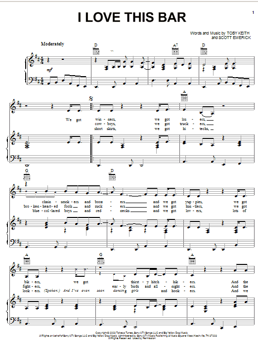 Learn to play Toby Keith I Love This Bar sheet music for Easy Guitar Tab in minutes. Toby Keith I Love This Bar sheet music preview music notes and score for Easy Guitar Tab including 4 page(s)