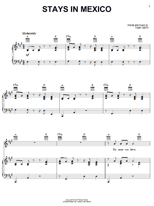 Learn to play Toby Keith Stays In Mexico sheet music for Easy Guitar Tab in minutes. Toby Keith Stays In Mexico sheet music preview music notes and score for Easy Guitar Tab including 5 page(s)