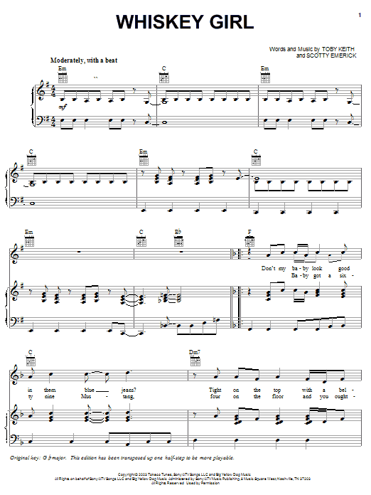 Learn to play Toby Keith Whiskey Girl sheet music for Piano, Vocal & Guitar (Right-Hand Melody) in minutes. Toby Keith Whiskey Girl sheet music preview music notes and score for Piano, Vocal & Guitar (Right-Hand Melody) including 6 page(s)
