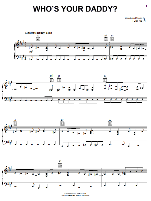 Toby Keith Who's Your Daddy? sheet music preview music notes and score for Piano, Vocal & Guitar (Right-Hand Melody) including 6 page(s)