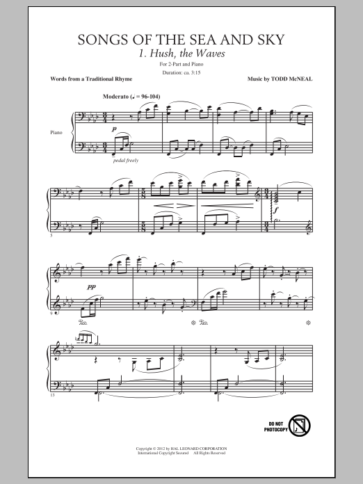 Learn to play Todd McNeal Songs Of The Sea And Sky sheet music for 2-Part Choir in minutes. Todd McNeal Songs Of The Sea And Sky sheet music preview music notes and score for 2-Part Choir including 7 page(s)