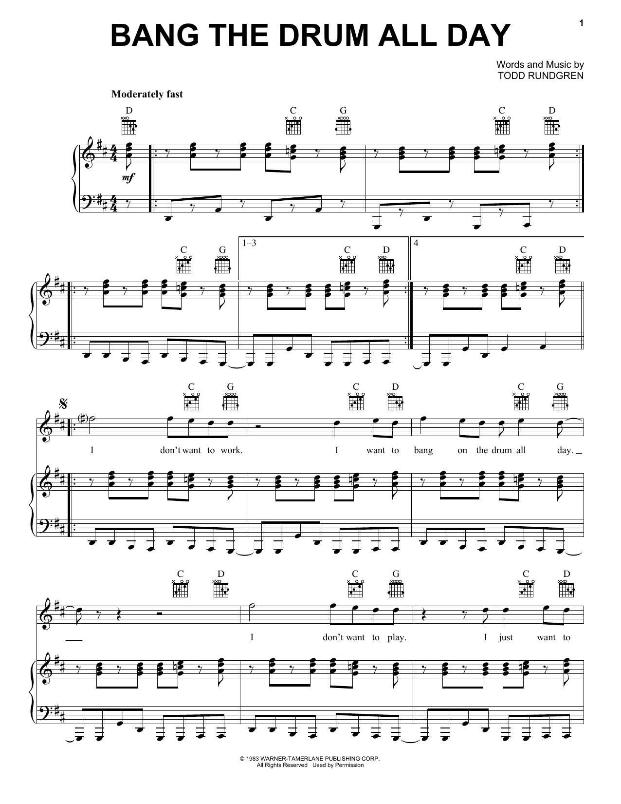 Learn to play Todd Rundgren Bang The Drum All Day sheet music for Piano, Vocal & Guitar (Right-Hand Melody) in minutes. Todd Rundgren Bang The Drum All Day sheet music preview music notes and score for Piano, Vocal & Guitar (Right-Hand Melody) including 3 page(s)