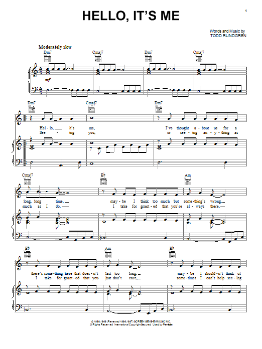 Learn to play Todd Rundgren Hello, It's Me sheet music for Lyrics & Chords in minutes. Todd Rundgren Hello, It's Me sheet music preview music notes and score for Lyrics & Chords including 2 page(s)