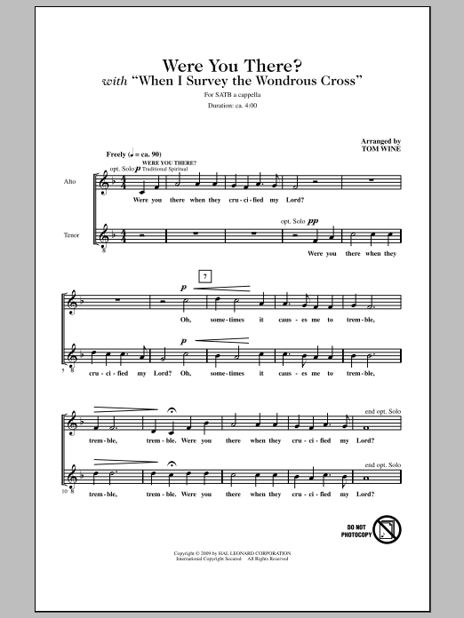 Tom Wine Were You There When They Crucified My Lord? sheet music, chords, lyrics - Printable PDF for SATB Choir