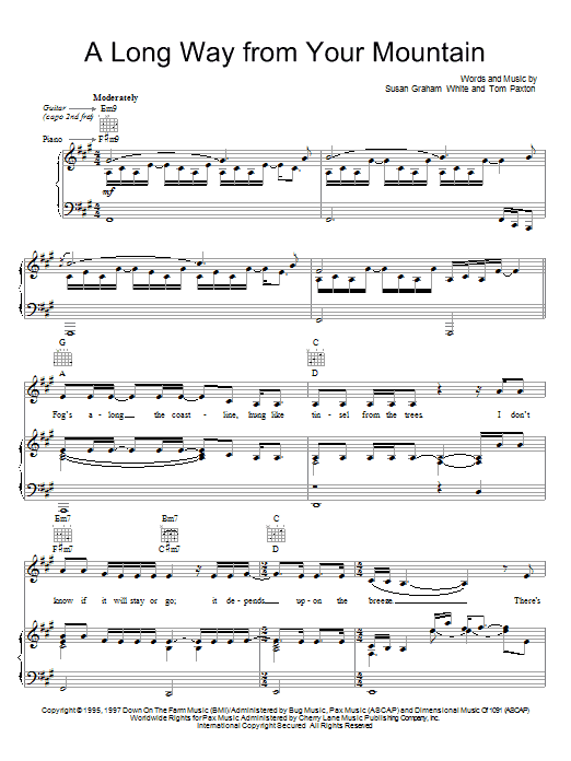 Learn to play Tom Paxton A Long Way From Your Mountain sheet music for Piano, Vocal & Guitar (Right-Hand Melody) in minutes. Tom Paxton A Long Way From Your Mountain sheet music preview music notes and score for Piano, Vocal & Guitar (Right-Hand Melody) including 5 page(s)