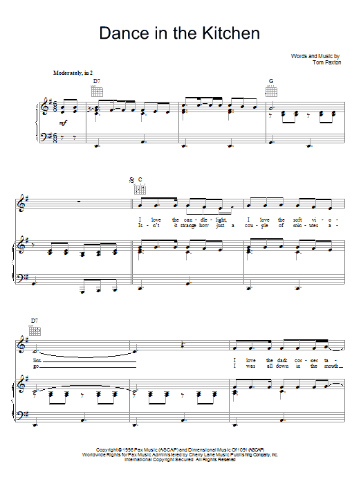 Learn to play Tom Paxton Dance In The Kitchen sheet music for Piano, Vocal & Guitar (Right-Hand Melody) in minutes. Tom Paxton Dance In The Kitchen sheet music preview music notes and score for Piano, Vocal & Guitar (Right-Hand Melody) including 4 page(s)