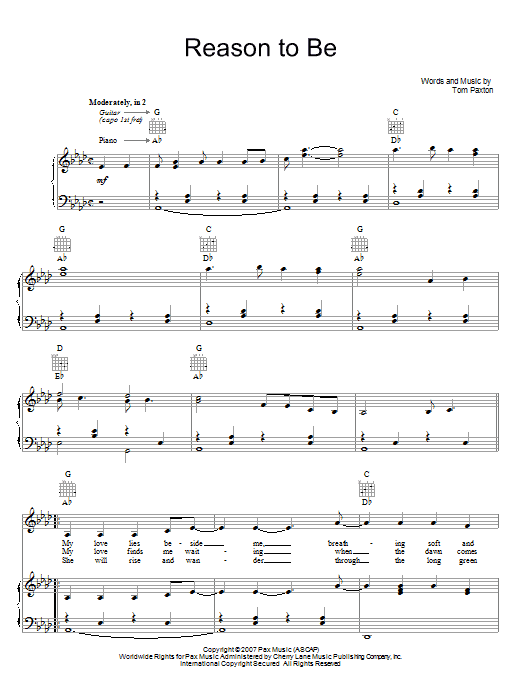 Tom Paxton Reason To Be sheet music preview music notes and score for Piano, Vocal & Guitar (Right-Hand Melody) including 5 page(s)