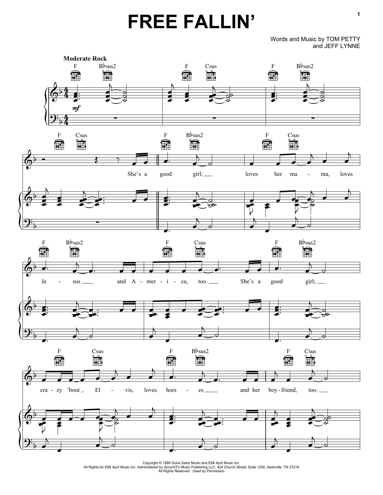 Tom Petty Free Fallin' sheet music preview music notes and score for Lyrics & Piano Chords including 2 page(s)