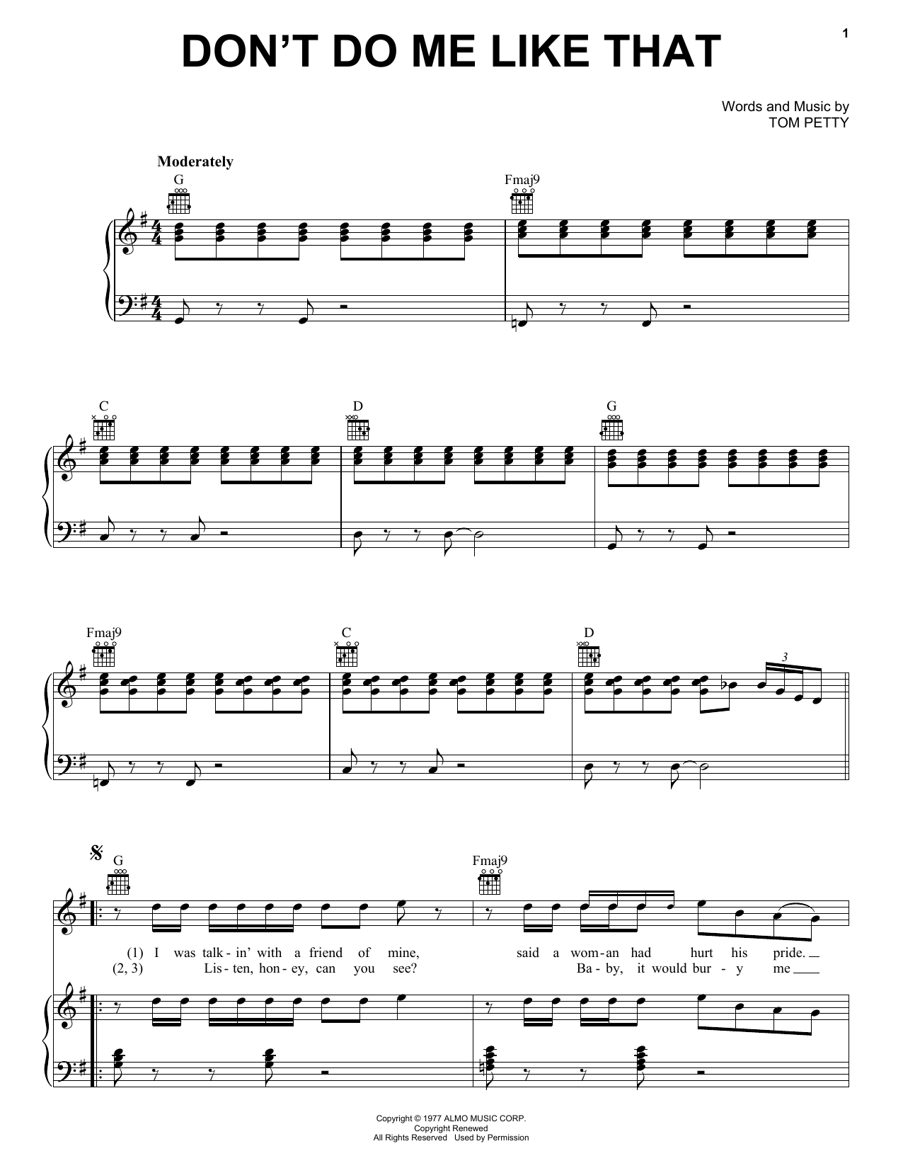 Tom Petty And The Heartbreakers Don't Do Me Like That sheet music preview music notes and score for Lyrics & Chords including 3 page(s)