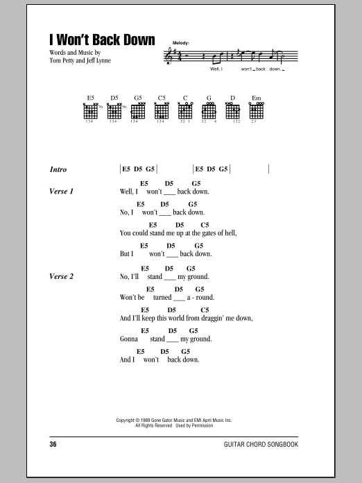 Learn to play Tom Petty And The Heartbreakers I Won't Back Down sheet music for Lyrics & Chords in minutes. Tom Petty And The Heartbreakers I Won't Back Down sheet music preview music notes and score for Lyrics & Chords including 2 page(s)