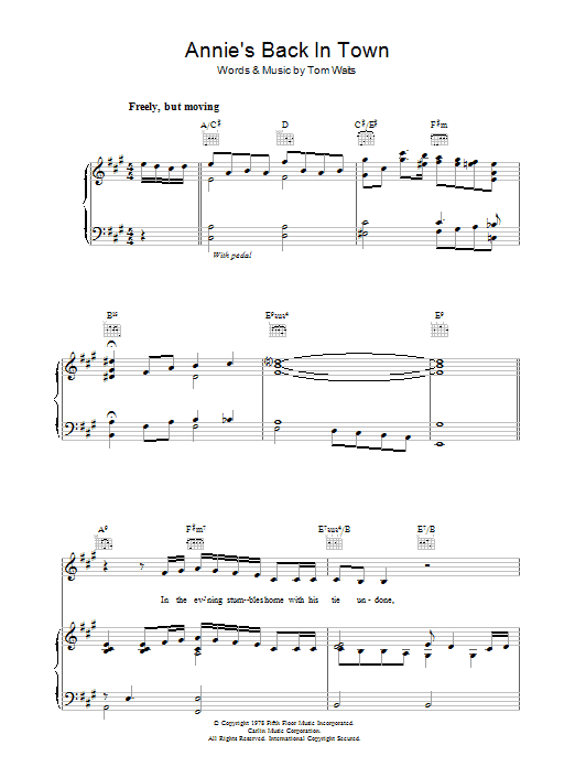 Learn to play Tom Waits Annie's Back In Town sheet music for Piano, Vocal & Guitar (Right-Hand Melody) in minutes. Tom Waits Annie's Back In Town sheet music preview music notes and score for Piano, Vocal & Guitar (Right-Hand Melody) including 5 page(s)