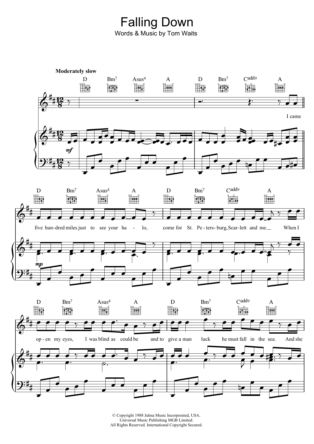 Tom Waits Falling Down sheet music preview music notes and score for Piano, Vocal & Guitar including 5 page(s)