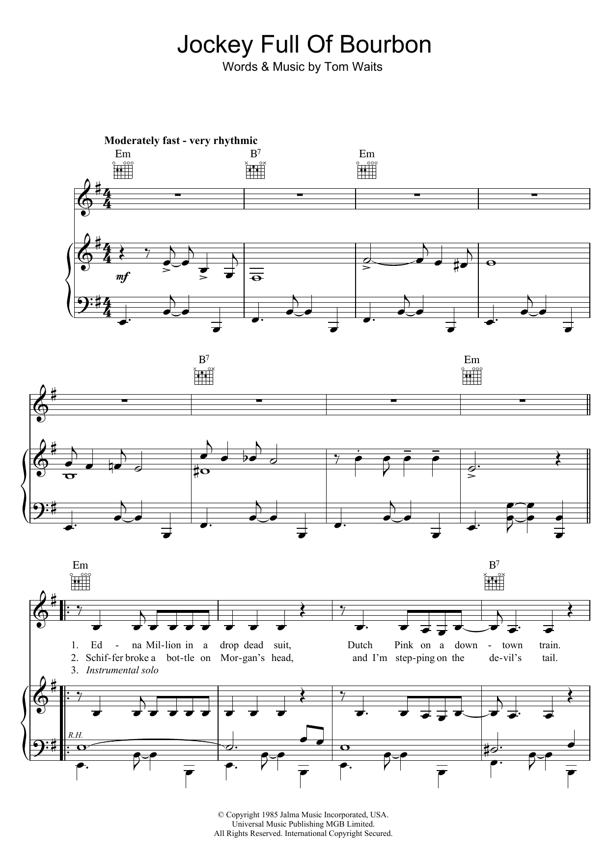 Tom Waits Jockey Full Of Bourbon sheet music preview music notes and score for Piano, Vocal & Guitar including 4 page(s)