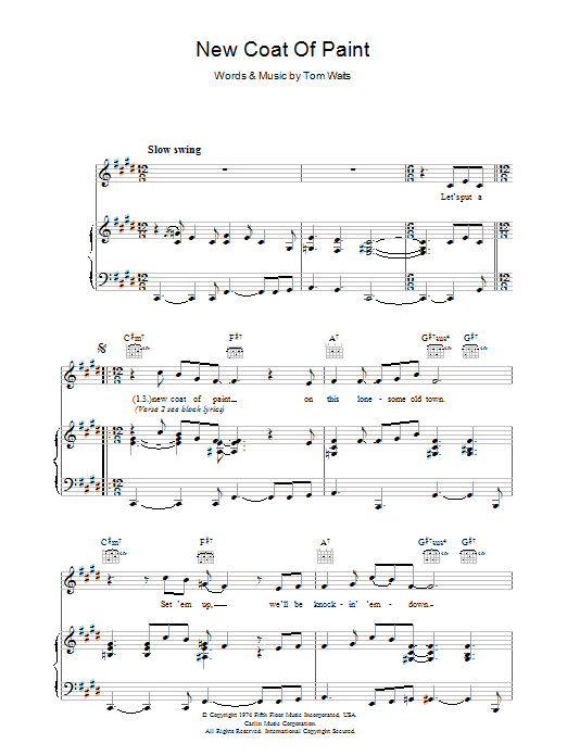 Learn to play Tom Waits New Coat Of Paint sheet music for Piano, Vocal & Guitar (Right-Hand Melody) in minutes. Tom Waits New Coat Of Paint sheet music preview music notes and score for Piano, Vocal & Guitar (Right-Hand Melody) including 3 page(s)