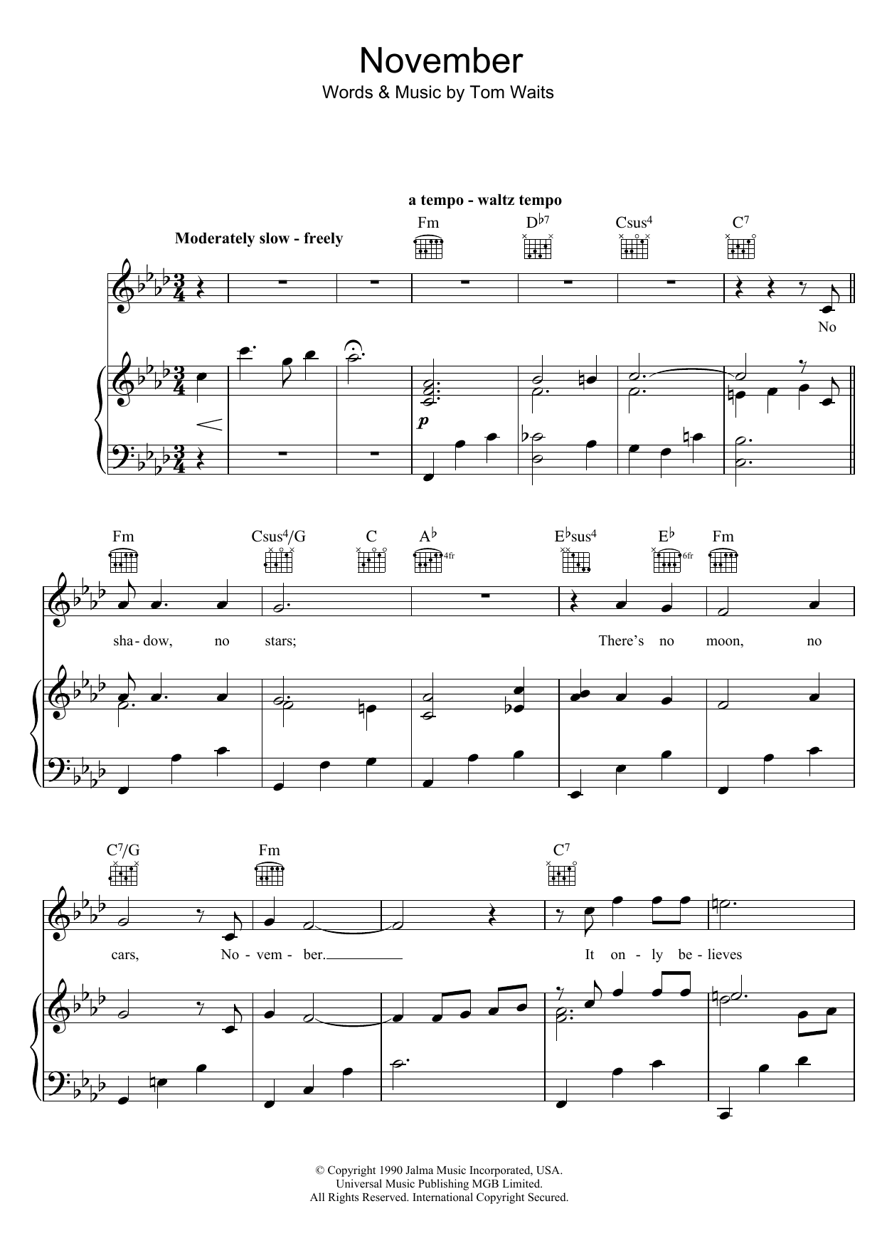 Tom Waits November sheet music preview music notes and score for Piano, Vocal & Guitar including 4 page(s)