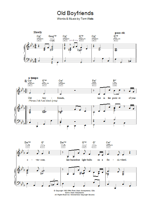 Learn to play Tom Waits Old Boyfriends sheet music for Piano, Vocal & Guitar (Right-Hand Melody) in minutes. Tom Waits Old Boyfriends sheet music preview music notes and score for Piano, Vocal & Guitar (Right-Hand Melody) including 5 page(s)