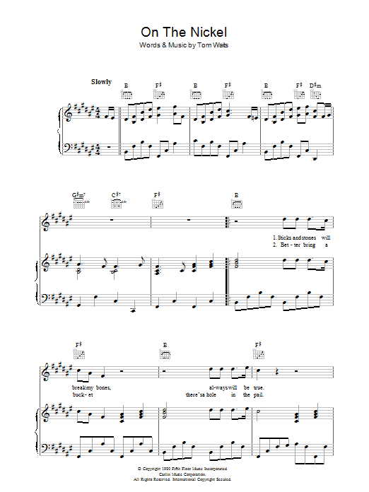 Learn to play Tom Waits On The Nickel sheet music for Piano, Vocal & Guitar (Right-Hand Melody) in minutes. Tom Waits On The Nickel sheet music preview music notes and score for Piano, Vocal & Guitar (Right-Hand Melody) including 8 page(s)