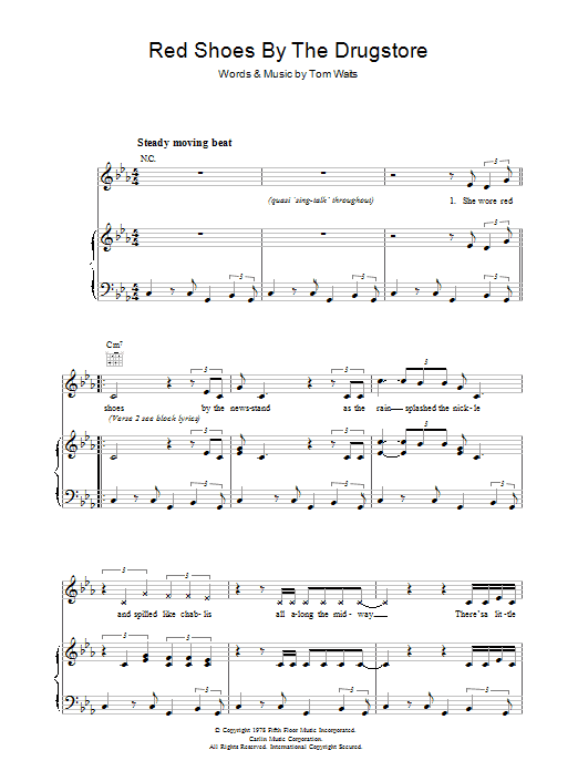 Learn to play Tom Waits Red Shoes By The Drugstore sheet music for Piano, Vocal & Guitar (Right-Hand Melody) in minutes. Tom Waits Red Shoes By The Drugstore sheet music preview music notes and score for Piano, Vocal & Guitar (Right-Hand Melody) including 6 page(s)