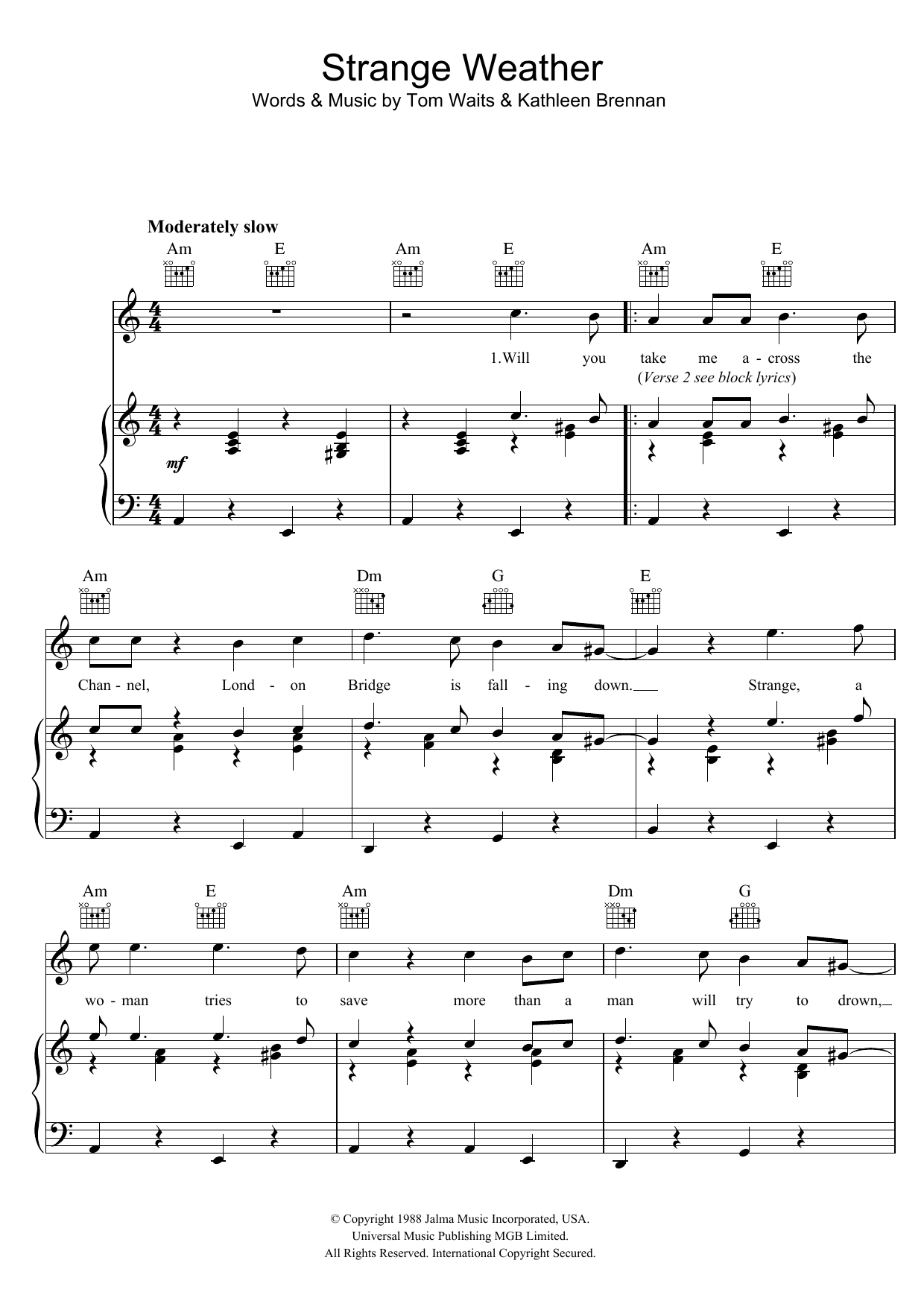 Tom Waits Strange Weather sheet music preview music notes and score for Piano, Vocal & Guitar including 4 page(s)
