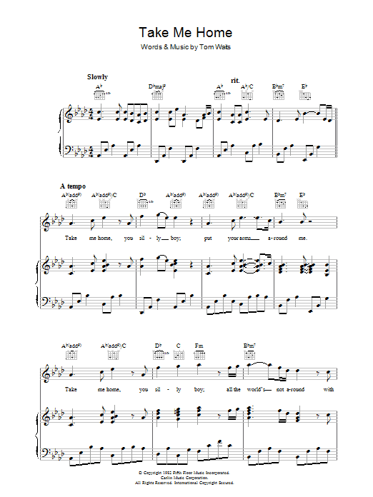 Learn to play Tom Waits Take Me Home sheet music for Piano, Vocal & Guitar (Right-Hand Melody) in minutes. Tom Waits Take Me Home sheet music preview music notes and score for Piano, Vocal & Guitar (Right-Hand Melody) including 2 page(s)