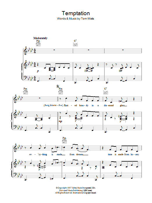 Tom Waits Temptation sheet music preview music notes and score for Piano, Vocal & Guitar including 4 page(s)