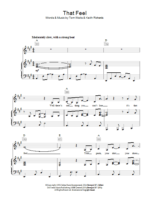 Tom Waits That Feel sheet music preview music notes and score for Piano, Vocal & Guitar including 6 page(s)
