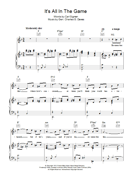 Learn to play Tommy Edwards It's All In The Game sheet music for Piano, Vocal & Guitar (Right-Hand Melody) in minutes. Tommy Edwards It's All In The Game sheet music preview music notes and score for Piano, Vocal & Guitar (Right-Hand Melody) including 4 page(s)
