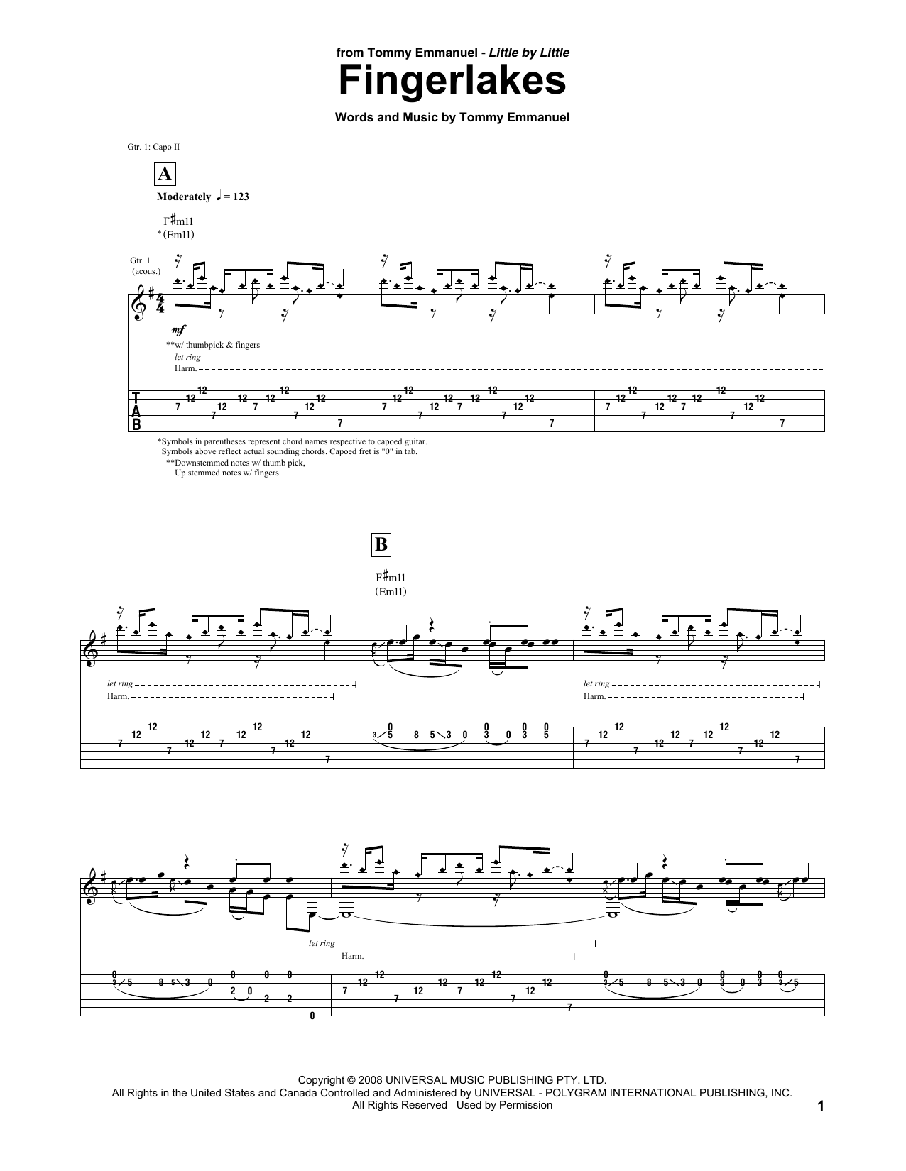 Learn to play Tommy Emmanuel Fingerlakes sheet music for Guitar Tab in minutes. Tommy Emmanuel Fingerlakes sheet music preview music notes and score for Guitar Tab including 8 page(s)