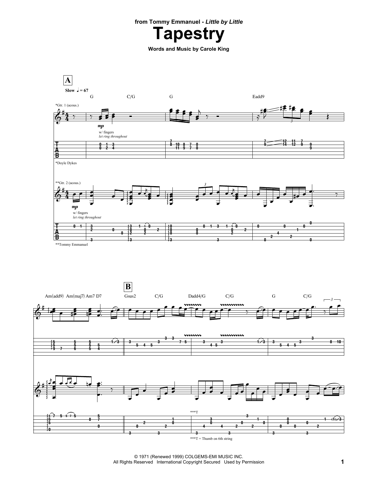 Learn to play Tommy Emmanuel Tapestry sheet music for Guitar Tab in minutes. Tommy Emmanuel Tapestry sheet music preview music notes and score for Guitar Tab including 11 page(s)