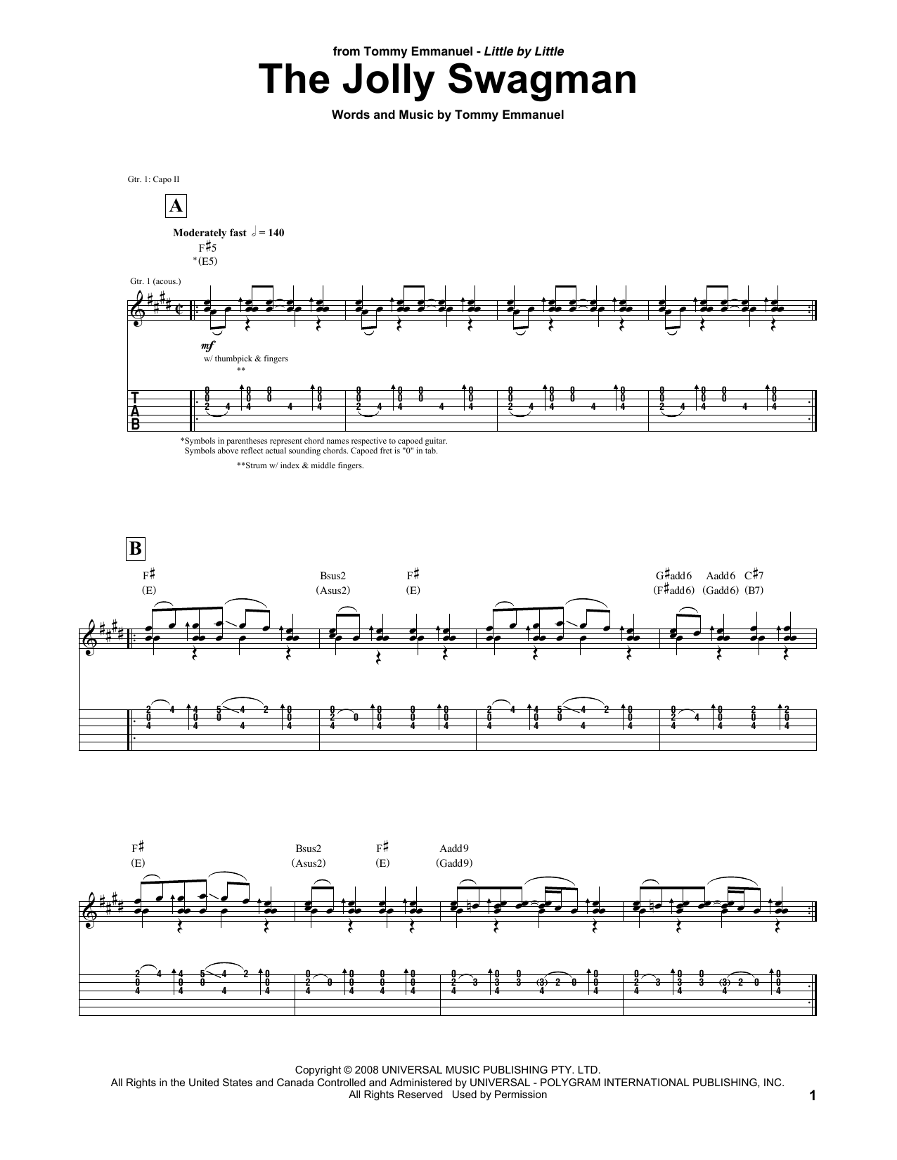 Learn to play Tommy Emmanuel The Jolly Swagman sheet music for Guitar Tab in minutes. Tommy Emmanuel The Jolly Swagman sheet music preview music notes and score for Guitar Tab including 6 page(s)