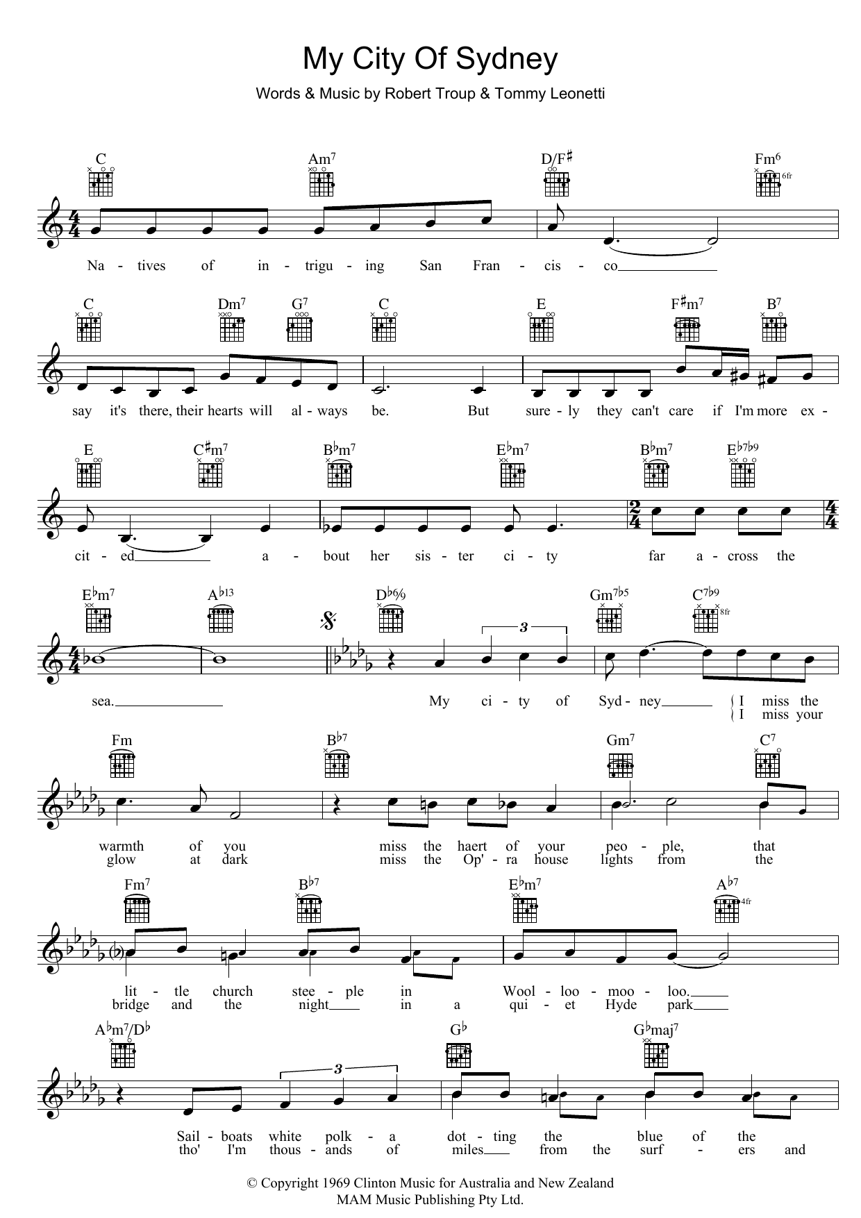 Learn to play Tommy Leonetti My City Of Sydney sheet music for Melody Line, Lyrics & Chords in minutes. Tommy Leonetti My City Of Sydney sheet music preview music notes and score for Melody Line, Lyrics & Chords including 2 page(s)