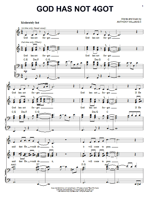 Learn to play Tonex God Has Not 4Got sheet music for Piano, Vocal & Guitar (Right-Hand Melody) in minutes. Tonex God Has Not 4Got sheet music preview music notes and score for Piano, Vocal & Guitar (Right-Hand Melody) including 8 page(s)