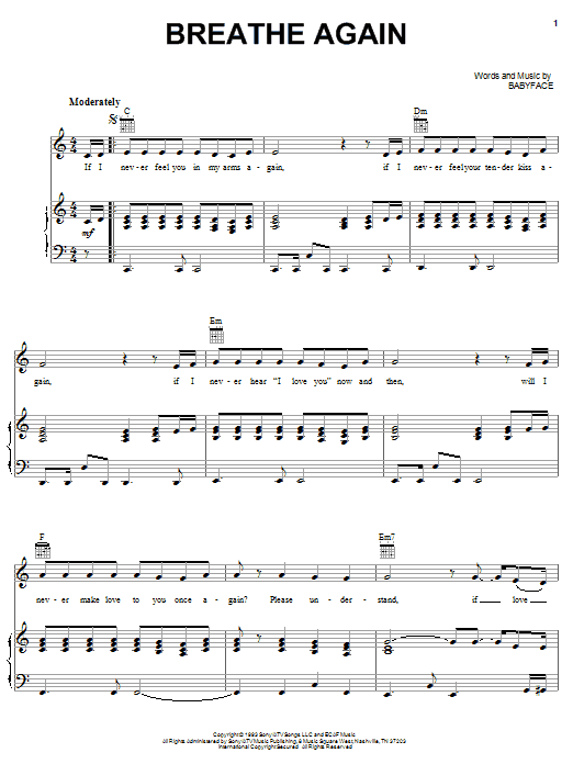Download Toni Braxton Breathe Again sheet music notes and chords for Piano, Vocal & Guitar (Right-Hand Melody) - Download Printable PDF and start playing in minutes.