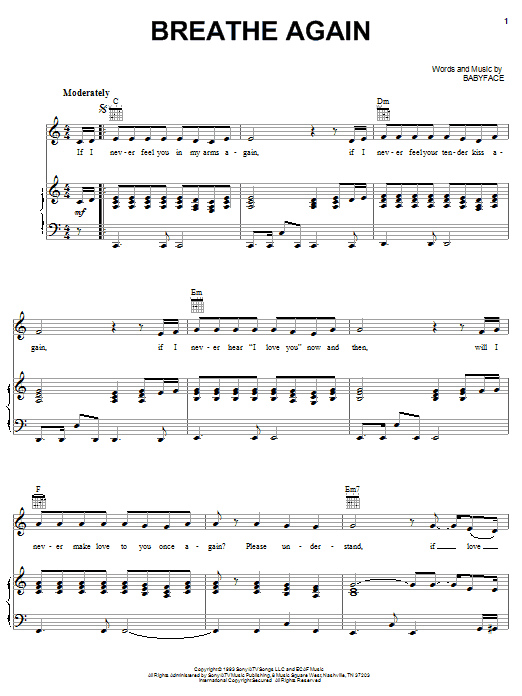 Learn to play Toni Braxton Breathe Again sheet music for Piano, Vocal & Guitar (Right-Hand Melody) in minutes. Toni Braxton Breathe Again sheet music preview music notes and score for Piano, Vocal & Guitar (Right-Hand Melody) including 4 page(s)