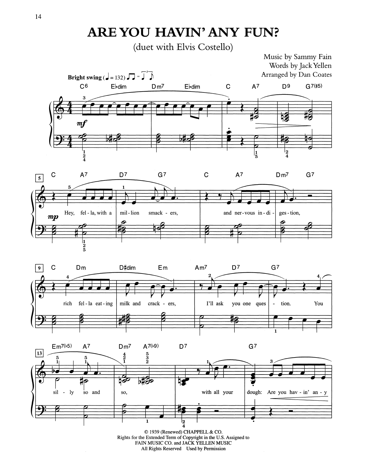 Tony Bennett & Elvis Costello Are You Havin' Any Fun? (arr. Dan Coates) sheet music, chords, lyrics - Printable PDF for Easy Piano
