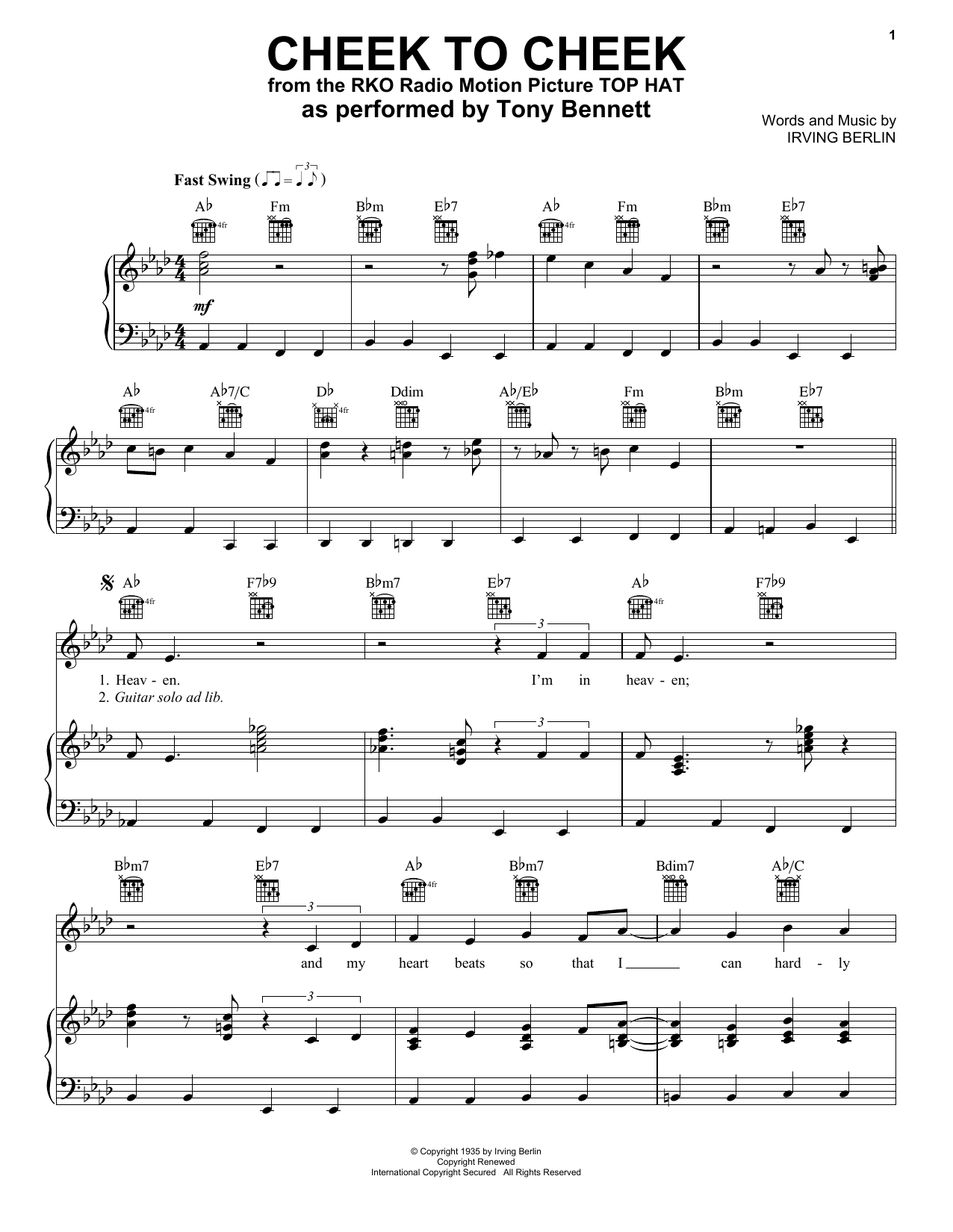 Tony Bennett & George Benson Cheek To Cheek sheet music, chords, lyrics - Printable PDF for Piano, Vocal & Guitar (Right-Hand Melody)