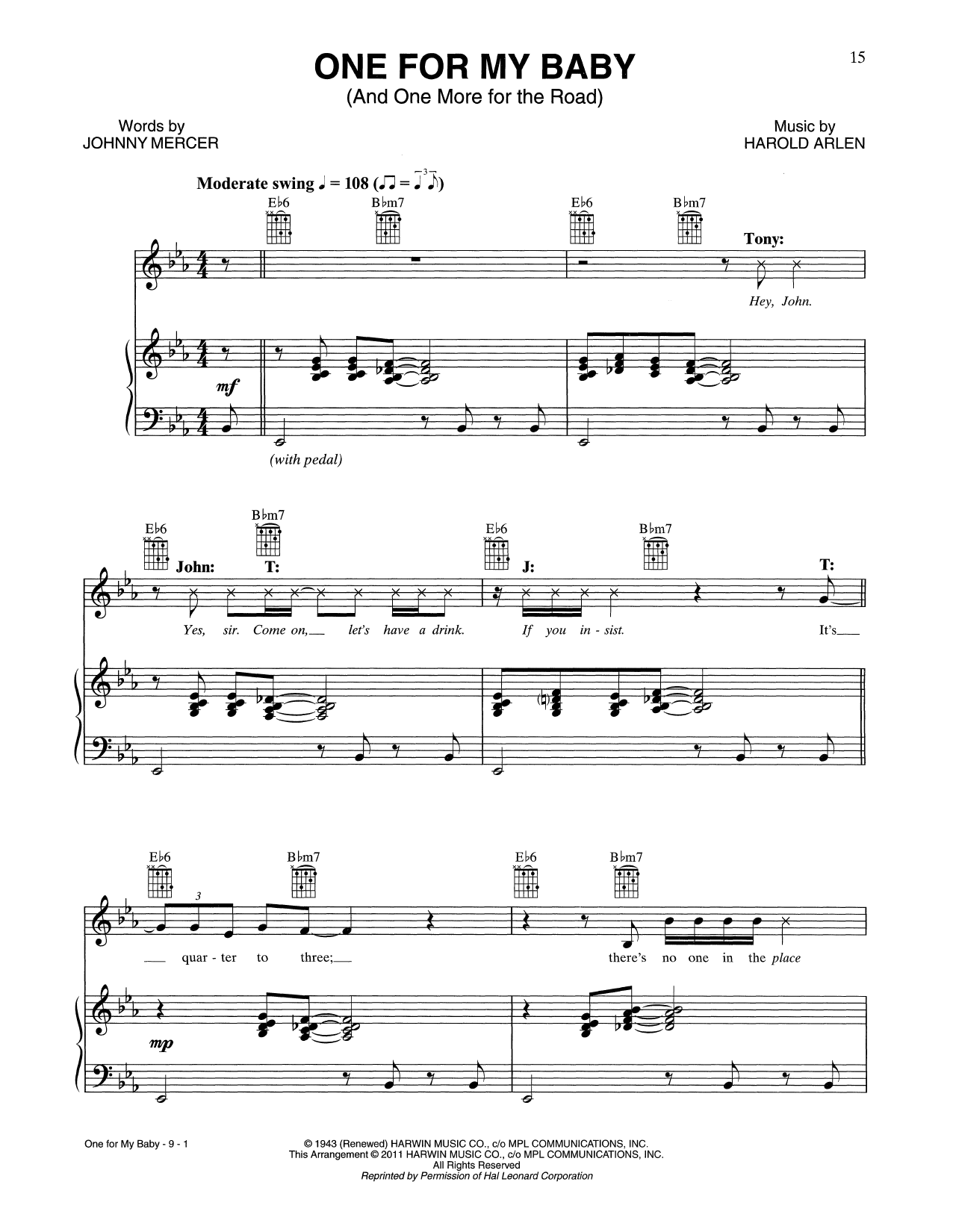 Tony Bennett & John Mayer One For My Baby (And One More For The Road) sheet music, chords, lyrics - Printable PDF for Piano, Vocal & Guitar (Right-Hand Melody)