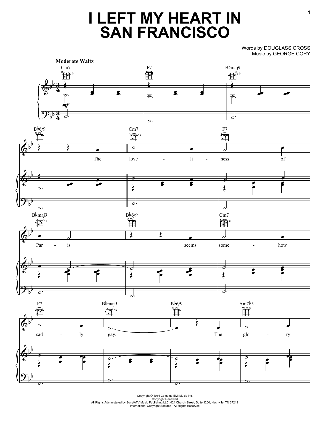 Download Tony Bennett I Left My Heart In San Francisco sheet music notes and chords for Piano, Vocal & Guitar (Right-Hand Melody) - Download Printable PDF and start playing in minutes.