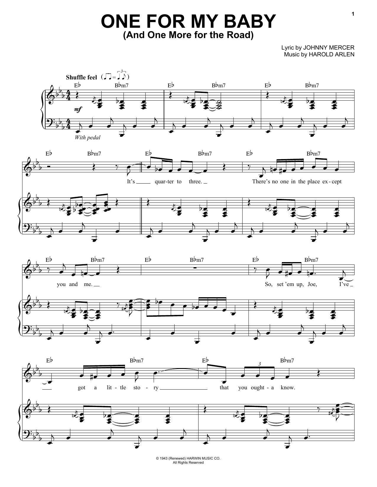 Tony Bennett One For My Baby (And One More For The Road) sheet music, chords, lyrics - Printable PDF for Piano, Vocal & Guitar Chords (Right-Hand Melody)