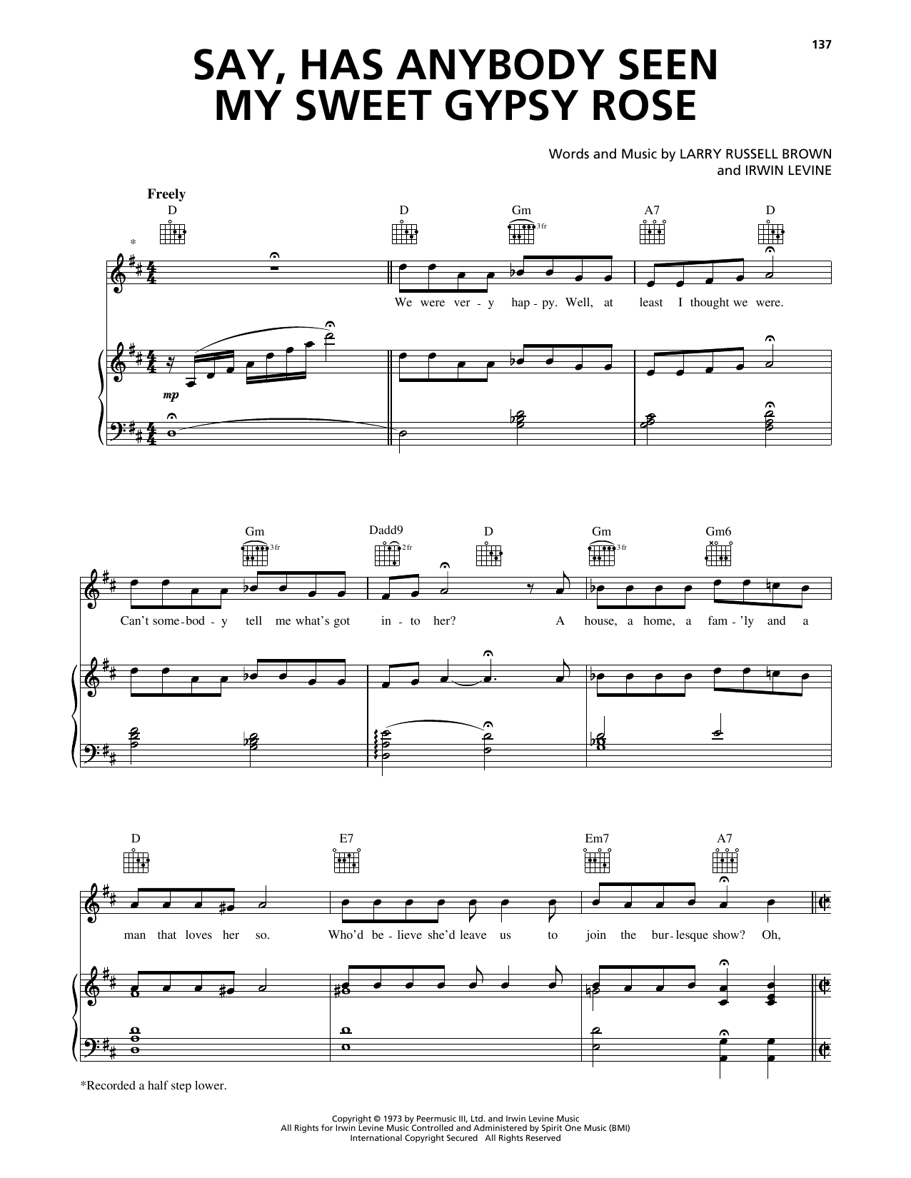 Tony Orlando & Dawn Say, Has Anybody Seen My Sweet Gypsy Rose sheet music, chords, lyrics - Printable PDF for Piano, Vocal & Guitar Chords (Right-Hand Melody)