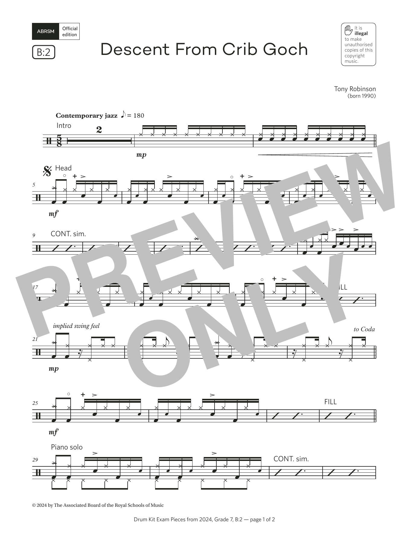 Tony Robinson Descent From Crib Goch (Grade 7, list B2, from the ABRSM Drum Kit Syllabus 2024) sheet music, chords, lyrics - Printable PDF for Drums