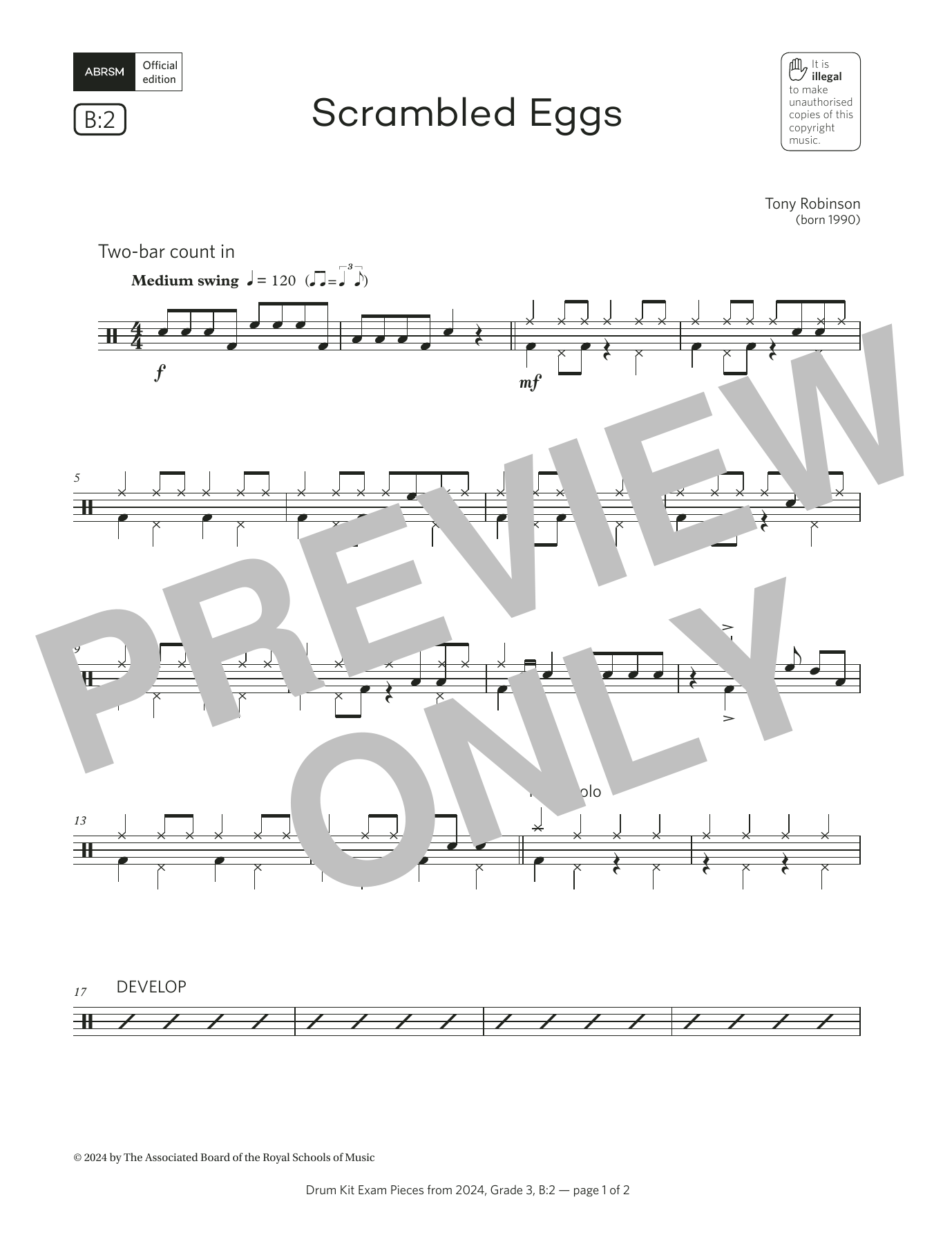Tony Robinson Scrambled Eggs (Grade 3, list B2, from the ABRSM Drum Kit Syllabus 2024) sheet music, chords, lyrics - Printable PDF for Drums