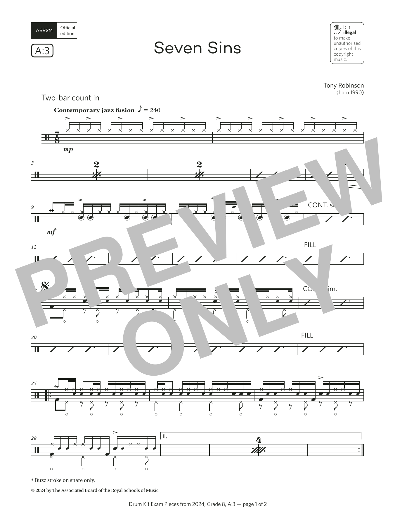 Tony Robinson Seven Sins (Grade 8, list A3, from the ABRSM Drum Kit Syllabus 2024) sheet music, chords, lyrics - Printable PDF for Drums