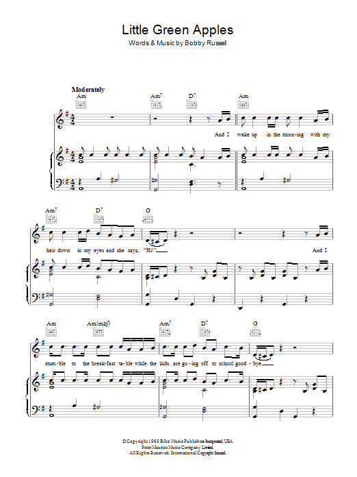 Learn to play Tony Bennett Little Green Apples sheet music for Piano, Vocal & Guitar (Right-Hand Melody) in minutes. Tony Bennett Little Green Apples sheet music preview music notes and score for Piano, Vocal & Guitar (Right-Hand Melody) including 5 page(s)