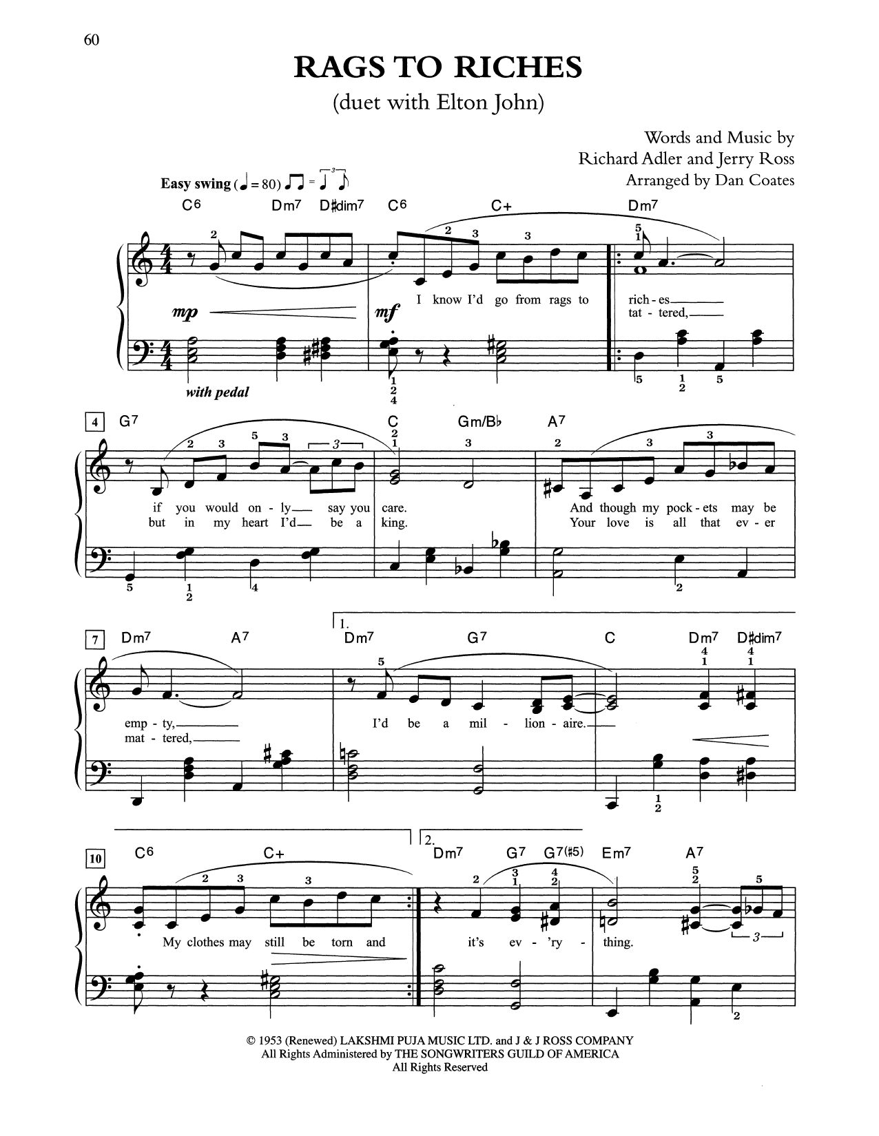 Tony Bennett & Elton John Rags To Riches (arr. Dan Coates) sheet music preview music notes and score for Easy Piano including 2 page(s)