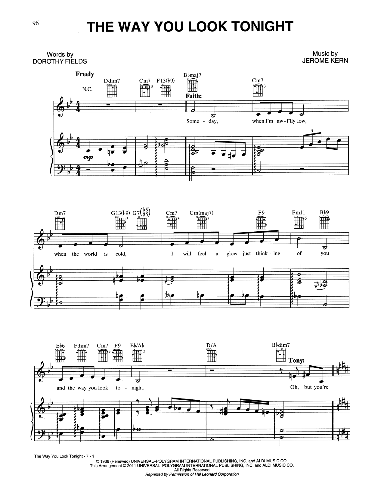 Learn to play Tony Bennett & Faith Hill The Way You Look Tonight sheet music for Piano, Vocal & Guitar (Right-Hand Melody) in minutes. Tony Bennett & Faith Hill The Way You Look Tonight sheet music preview music notes and score for Piano, Vocal & Guitar (Right-Hand Melody) including 7 page(s)