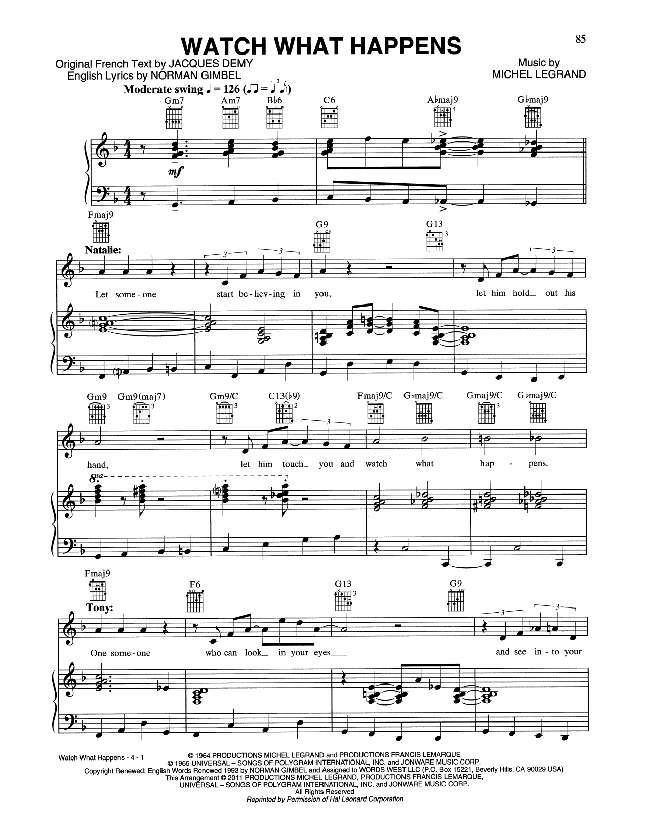 Learn to play Tony Bennett & Natalie Cole Watch What Happens sheet music for Piano, Vocal & Guitar (Right-Hand Melody) in minutes. Tony Bennett & Natalie Cole Watch What Happens sheet music preview music notes and score for Piano, Vocal & Guitar (Right-Hand Melody) including 4 page(s)