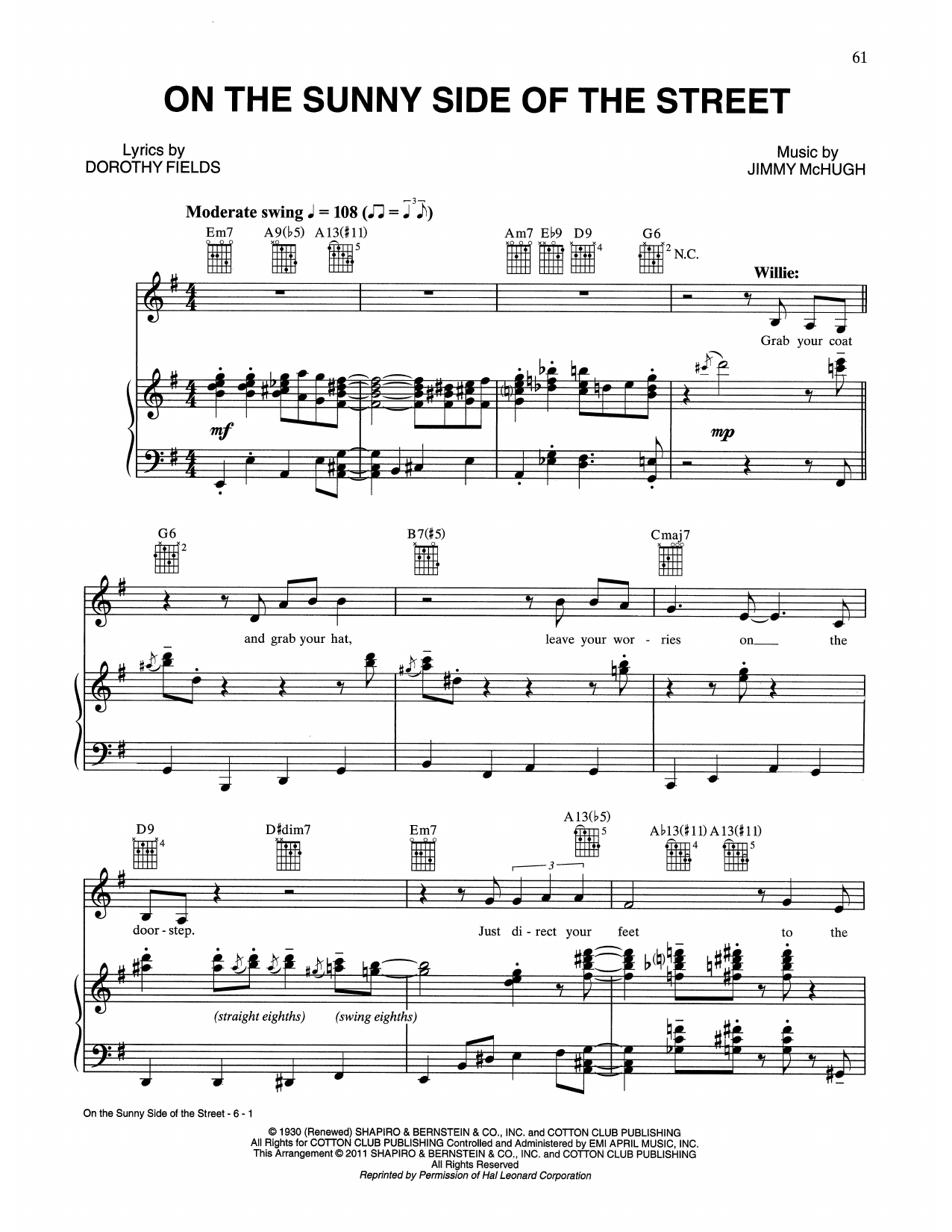 Learn to play Tony Bennett & Willie Nelson On The Sunny Side Of The Street sheet music for Piano, Vocal & Guitar (Right-Hand Melody) in minutes. Tony Bennett & Willie Nelson On The Sunny Side Of The Street sheet music preview music notes and score for Piano, Vocal & Guitar (Right-Hand Melody) including 6 page(s)