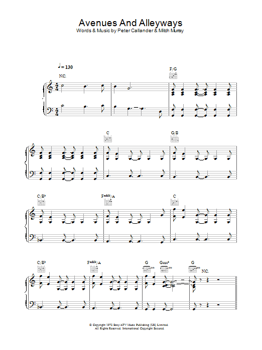 Tony Christie Avenues & Alleyways sheet music preview music notes and score for Piano, Vocal & Guitar (Right-Hand Melody) including 5 page(s)