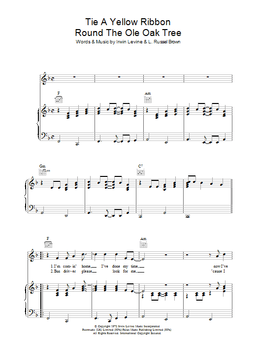 Learn to play Tony Orlando Tie A Yellow Ribbon 'Round The Old Oak Tree sheet music for Piano, Vocal & Guitar (Right-Hand Melody) in minutes. Tony Orlando Tie A Yellow Ribbon 'Round The Old Oak Tree sheet music preview music notes and score for Piano, Vocal & Guitar (Right-Hand Melody) including 6 page(s)